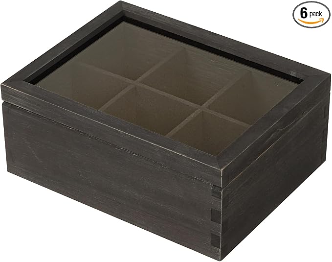 LI.TOPWP Black Wood Tea Bag Organizer, 6 Compartment Multi-Functional Tea Box and Storage Organizer,Tea Storage Chest with Acrylic Lid