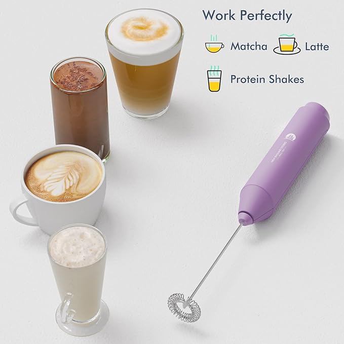Powerful Milk Frother Handheld Foam Maker, Mini Whisk Drink Mixer for Coffee, Cappuccino, Latte, Matcha, Hot Chocolate, With Stand, Light Purple
