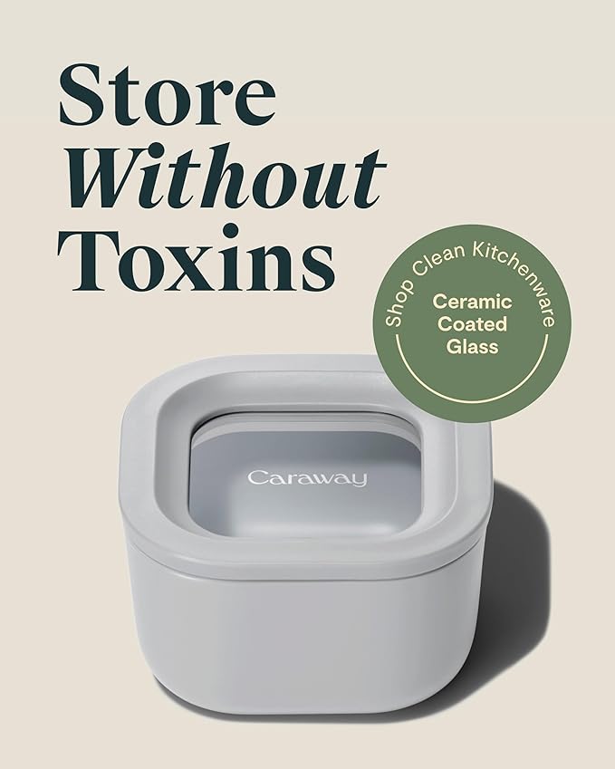 Caraway 6pc Food Storage Container Set - 1.75 Cup Glass Storage Container for Food (6) - Non-Toxic Ceramic-Coated Glass - Air Release Technology - Compact & Stackable Design - Gray