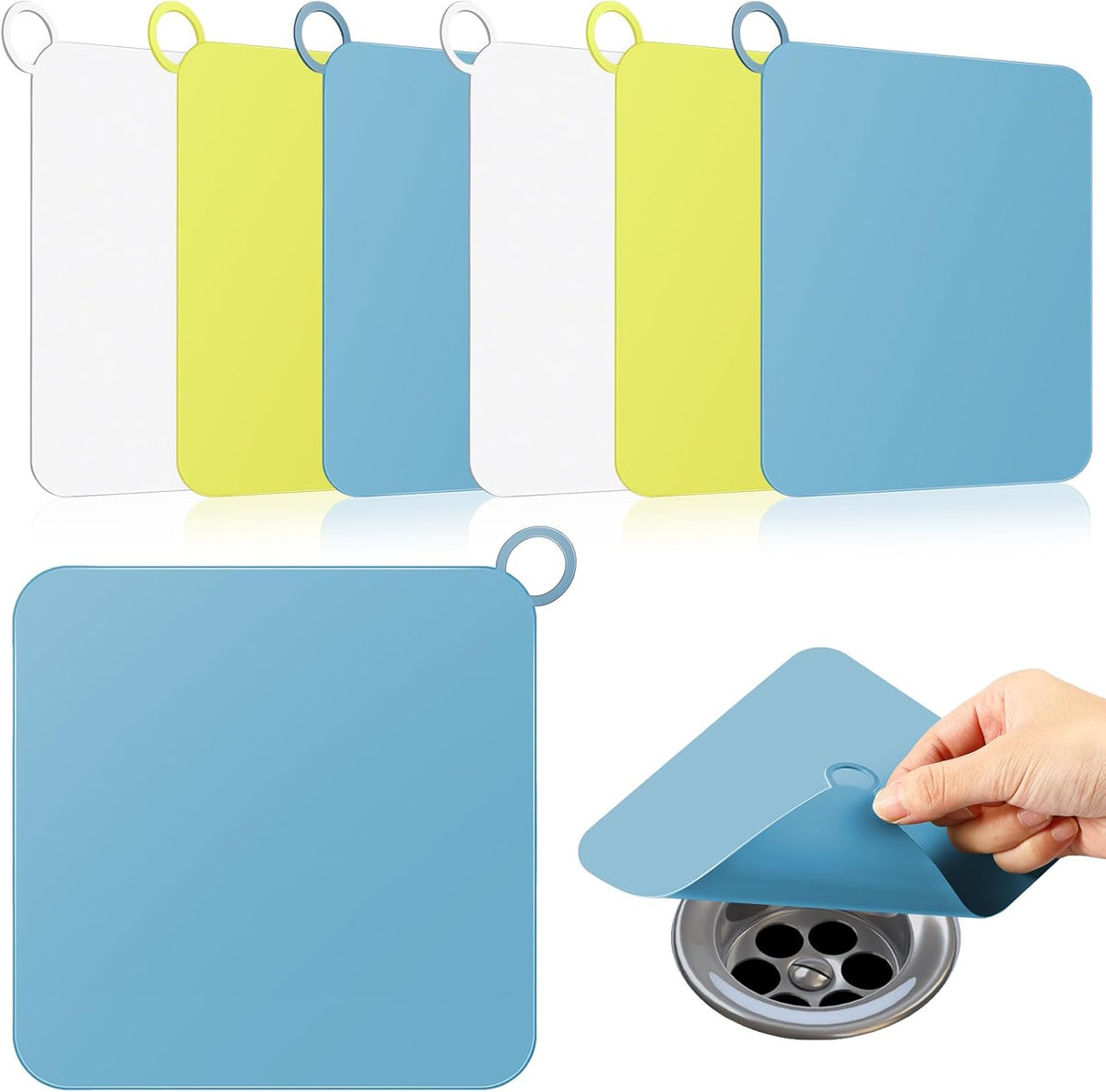 Yinkin 6 Pcs Drain Covers to Keep Bugs Out Silicone Shower Floor Tub Stoppers Bathtub Drain Stoppers Sewer Anti-Odor Mats Deodorizing Plugs for Bathroom(6 x 6 Inch,Square,Blue, Yellow and White)