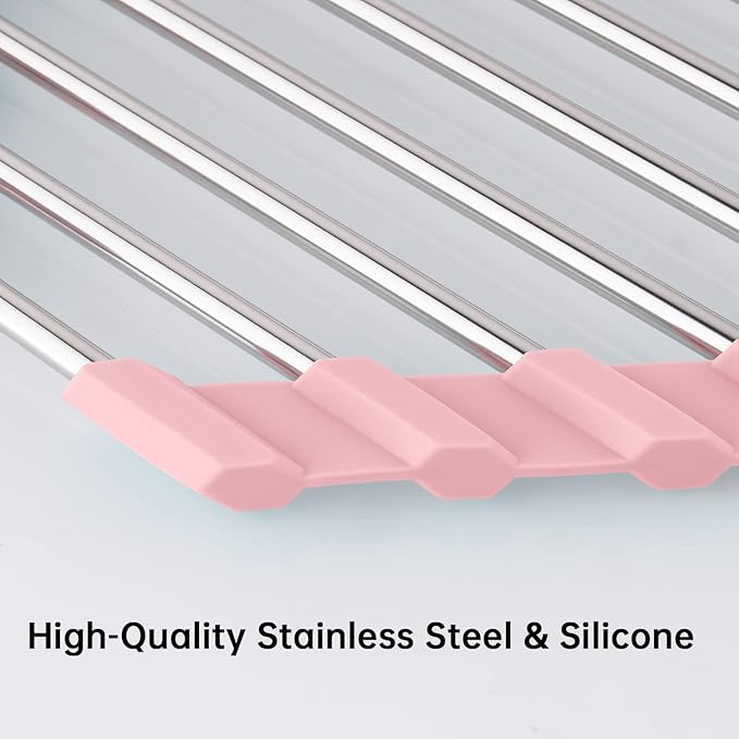 Tomorotec Triangle Foldable Dish Drying Rack, Small Roll-Up Stainless Steel Over Sink Drainer for Kitchen Sink Corner, Rustproof Multipurpose Organizer(Pink)