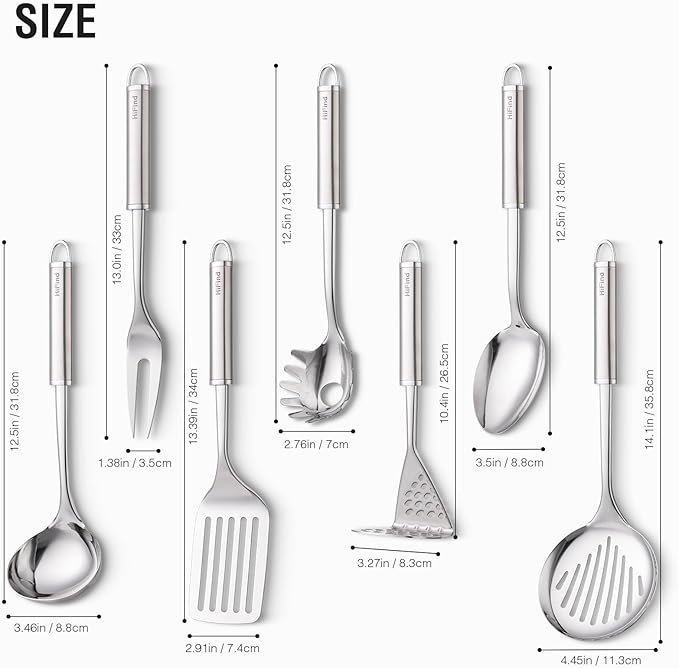 Stainless Steel Cooking Utensils 7PCS Kitchen Utensils Set, Heat Resistant Handle Utensils Set Included Ladle, Meat Fork, Slotted Spatula, Pasta Fork, Masher, Solid Spoon, Skimmer Spoon