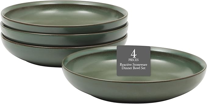 Gibson Elite Beckett 4-Piece 9 Inch Dinner Plate Bowl Set – Reactive Glaze Stoneware – Shallow Serving Pasta Bowls (Blate) – Wide-Rim Round Shape – Microwave & Dishwasher Safe - Green