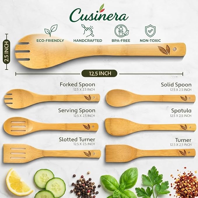 Dishwasher Safe Bamboo Wooden Spoons for Cooking 6-Piece – Kitchen Gadgets Wooden Cooking Utensils Set – Premium Kitchen Utensils Set – Easy to Clean, Perfect for Non-Stick Cookware