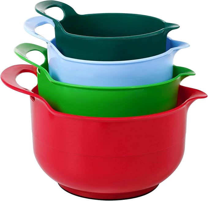 BoxedHome 4 Pack Nesting Mixing Bowl Christmas Set with Pour Spout and Handle, BPA free Microwave & Dishwasher Safe(Christmas colours, 4 Pack with Handle, Random colour silicone scraper included)
