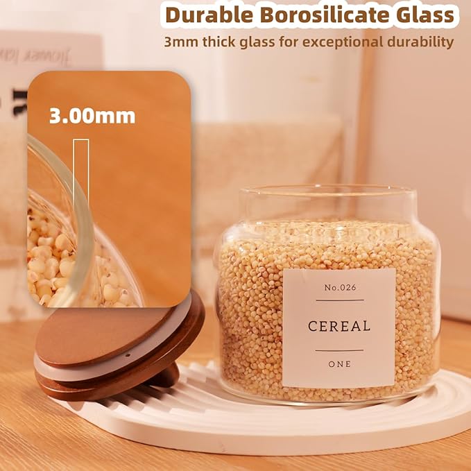 4 Pack Glass Pantry Storage Containers with 132 Pantry Labels - 37 FL OZ Kitchen Glass Canisters with Bamboo Airtight Lids - Farmhouse Glass Pantry Jars for Cookie, Rice, Pasta, Cereal, Bath Salt