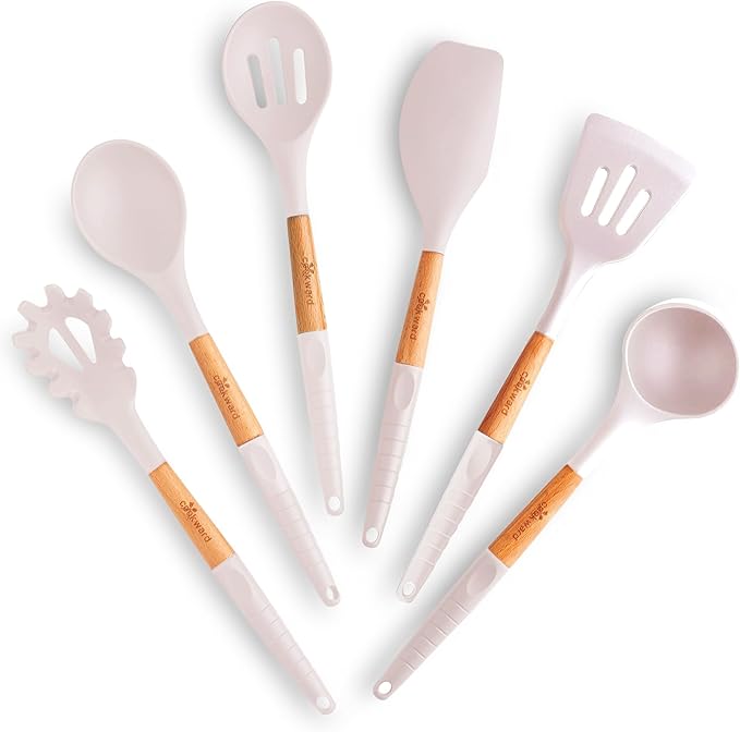 6 Pcs Cookward Silicone Cooking Utensils Set - Natural Wood Kitchen Utensils – Eco Friendly & BPA Free, Non-Scratch & Non-Stick Easy Grip -White