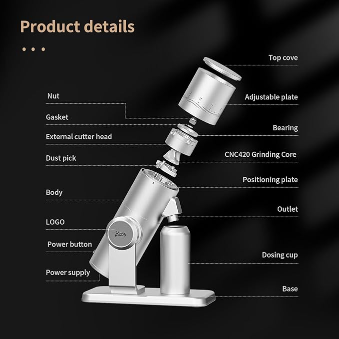 Electric Espresso Grinder, Coffee Bean Grinder for Home Use, Burr Coffee Grinder with 38MM 6-Star CNC Conical Burr and Magnetic Lid & Dosing Cup, Stepless Adjustment