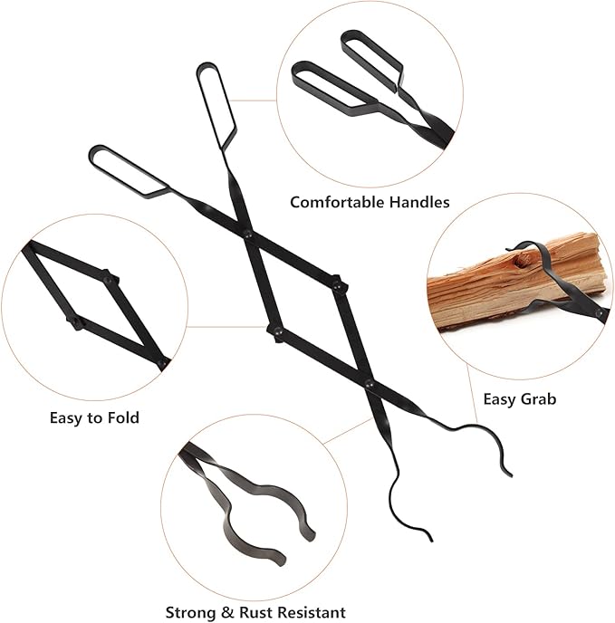 Heavy Duty 32” Long Fireplace Fire Pit Campfire Poker Stick and 26” Fireplace Tongs Tool Sets, Log Grabber, Rust Resistant Black Finish Camping Fireplace Tools for Indoor/Outdoor