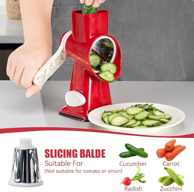 KEOUKE Rotary Cheese Grater Hand Crank Red - Shredder Slicer Grinder 3 Stainless Steel Blades, Stable Suction, Labor-Saving Handle, Safe Kitchen Tool for Cheese, Vegetable, Nuts, Chocolate
