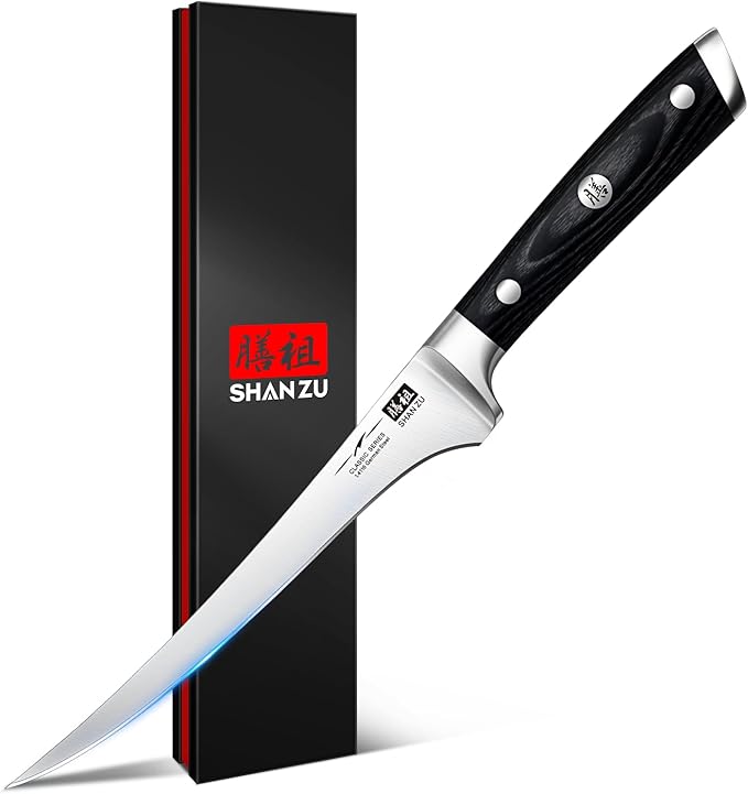SHAN ZU Fillet Knife 7 Inch- Edge Deboning Fish and Meat Boning Knife, Professional Super Sharp Fish Knives Made of German Stainless Steel Boning Knives with Full Tang Handle