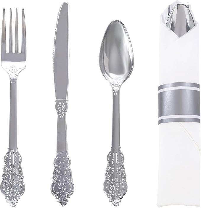 WELLIFE 50 Pack Silver Plastic Silverware, Wrapped Silverware Set Disposable,Plastic Utensils Set Include 50 Forks, 50 Knives, 50 Spoons and 50 Napkins, Disposable Cutlery for Party and Wedding