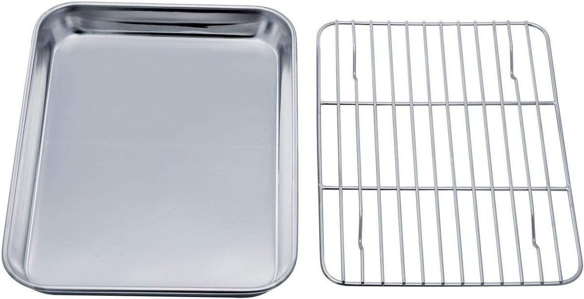 TeamFar Toaster Oven Tray and Rack Set, 9.3’’ x 7’’ x 1’’, Stainless Steel Toaster Oven Pan Broiler Pan, Non Toxic & Healthy, Easy Clean & Dishwasher Safe
