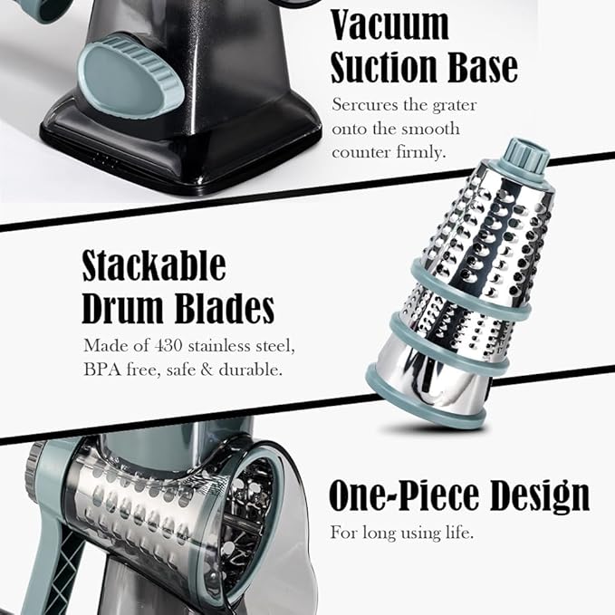 Cheese Grater Vegetable Cheese Shredder Slicer Grater for Kitchen 3 Changeable Blades for Cheese Potato Zucchini Nuts Chocolate (Grey Blue)