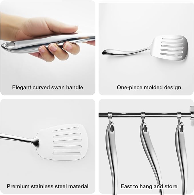 304 Stainless Steel Kitchen Utensils Set, 11 PCS Metal Cooking Utensils Set with Spatula, Spoon, Ladle, Skimmer, Turner, Pasta Server, Tongs