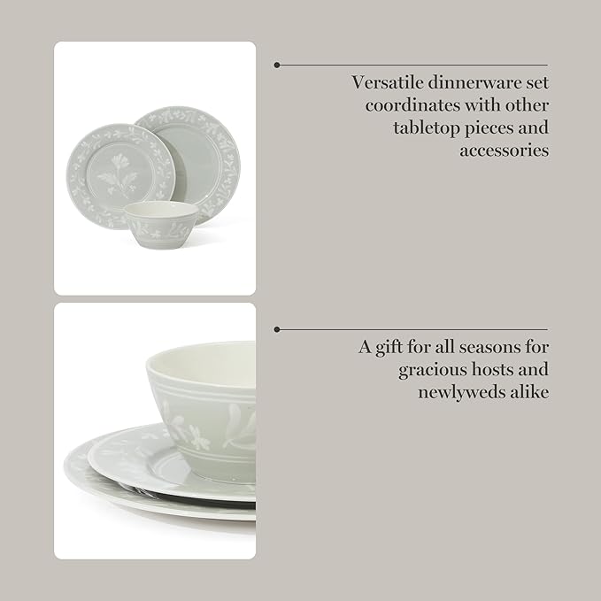 Martha Stewart Maiden Crown 12-Piece Sage Green Dinnerware Set – Vegan Bone China Ceramic Plates & Bowls – Floral Design – Service for 4 – Microwave & Dishwasher Safe