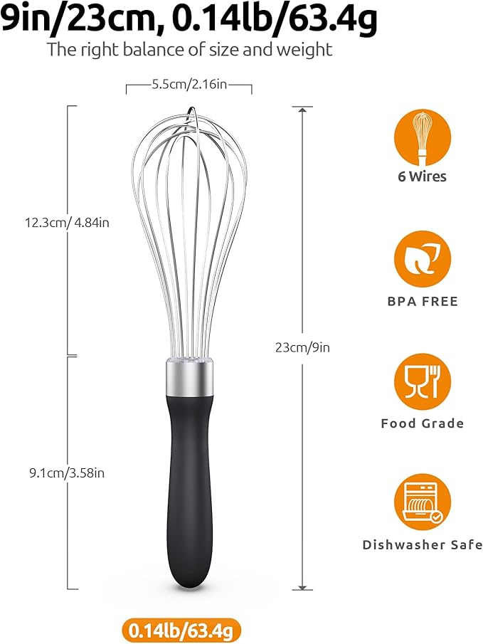 U-Taste 9" Small Egg Whisk: 18/10 Stainless Steel Kitchen Cooking Wire Balloon Wisk, Heavy Duty Metal Beater Stirrer, Manual Baking Tool with 6 Flex Wires for Hand Mixing, Blending Sauce (Black)