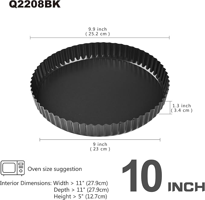 10-Inch Round Tart Pan with Loose Removable Bottom, Non-Stick Carbon Steel Quiche Pan for Oven Baking (Black)