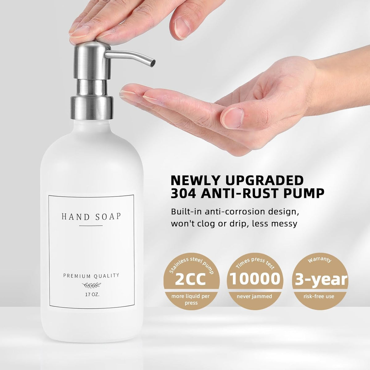 Glass Soap Dispenser - Dish Soap Dispenser for Kitchen and Hand Soap Dispenser Set, Bathroom Soap Dispenser with 304 Rust Proof Pump, Soap Dispenser for Kitchen with Tray, White Bottle/Silver Pump