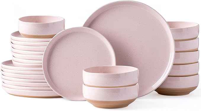 AmorArc Ceramic Dinnerware Sets for 8, 24 Pieces Handpainted Speckled Plates and Bowls Set with Rustic Terracotta Underside, Scratch Resistant Stoneware Dishes Set, Dishwasher & Microwave Safe, Pink