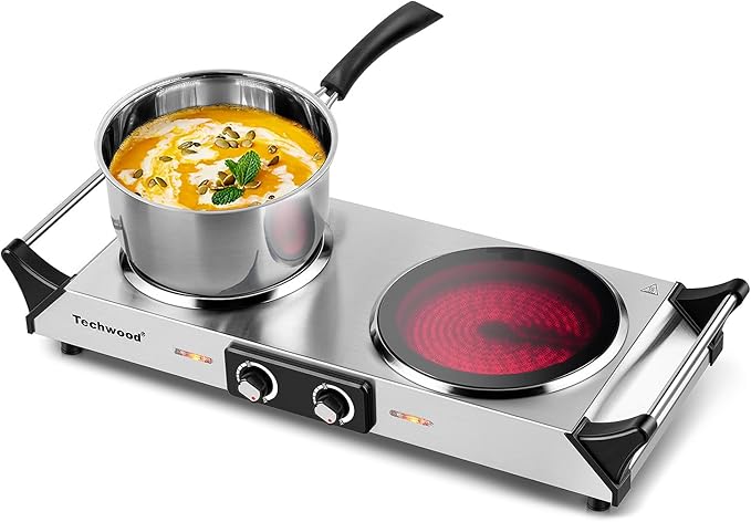 Techwood Electric Stove, Double Infrared Ceramic Hot Plate for Cooking, Two Control Cooktop Burner, Portable Anti-scald handles Suitable for Office/Home/Camp Use, 1800W Compatible for All Cookwares
