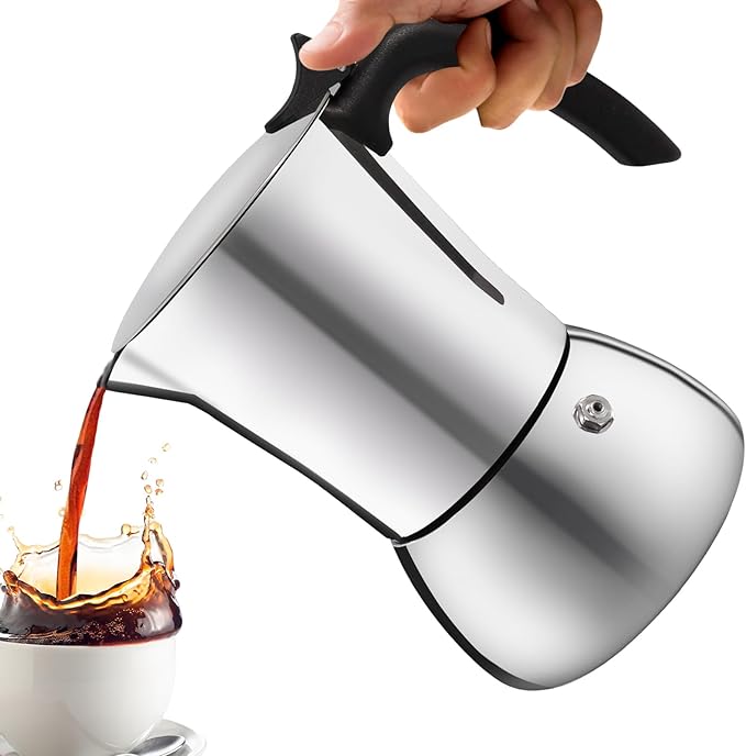 No Coating 4 Cup Thickened 304 Stainless Steel Moka Pot Stovetop Espresso Maker Italian Coffee Machine 200ml 6.8oz Suitable for Gas Induction Stovetop Greca Coffee Maker Percolator