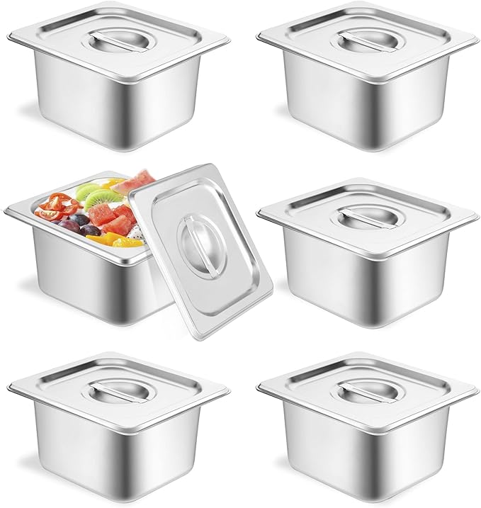 6 Set Hotel Pan 1/6 Size 4 Inch Deep Stainless Steam Table Pans with Lids Stackable Commercial Anti Jam Metal Steam Tray Catering Food Storage Steel Pan for Hotel Restaurant Buffet Party Supplies