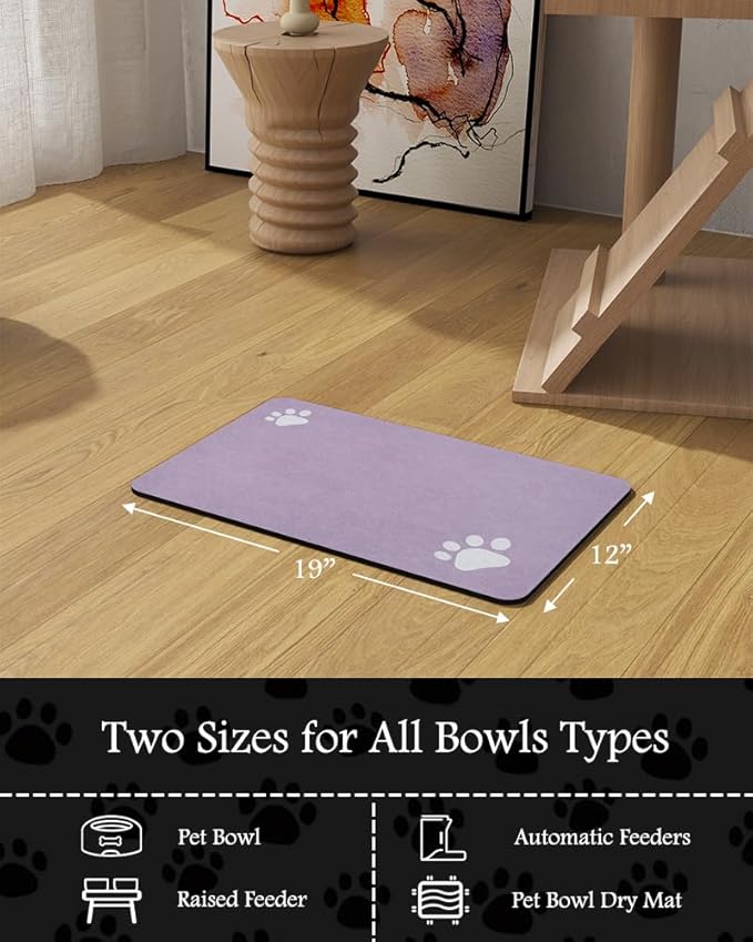 Pet Feeding Mat-Absorbent Dog Mat for Food and Water Bowl-No Stains Quick Dry Water Dispenser Mat-Dog Accessories Pet Supplies-Bowl for Messy Drinkers（Purple,12"x19"