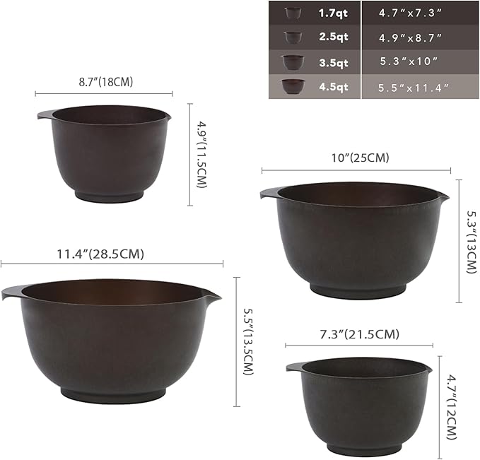 BoxedHome 4 Quart Large Plastic Mixing Bowls, Microwave Safe Mixing Bowl Set with Pour Spout, Nesting Bowls for Space Saving Storage(brown)
