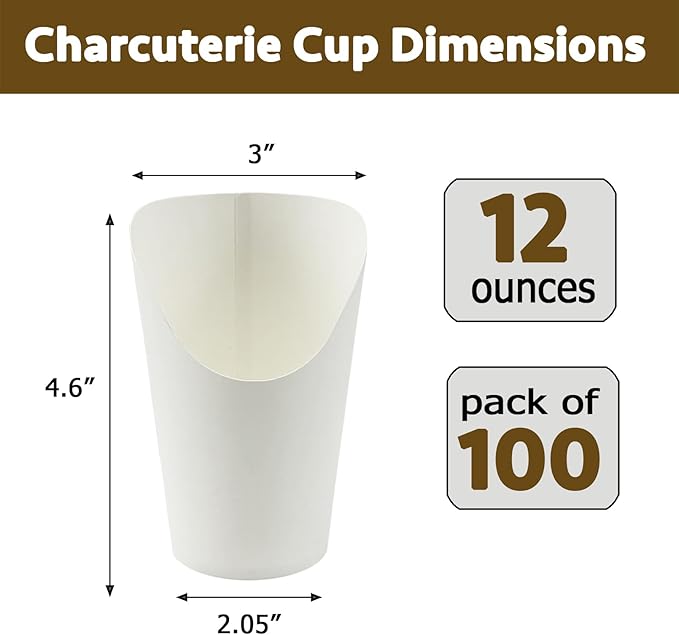 CAMKYDE 100 Pcs French Fries Holder, 12oz Disposable Paper French Fry Cups White Charcuterie Cups for all Occasions (12oz, White)
