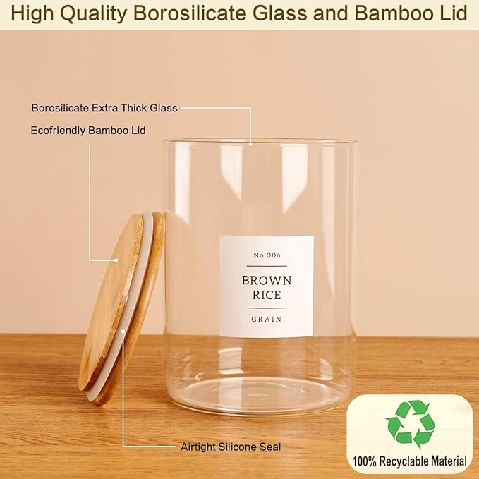 3 Pcs Glass Canisters with Airtight Bamboo Lids and 42 Kitchen Pantry Labels Preprinted - Clear Glass Flour and Sugar Storage Container Set - Large Glass Jars with Wood Lids(100 OZ/54 OZ/27 OZ)