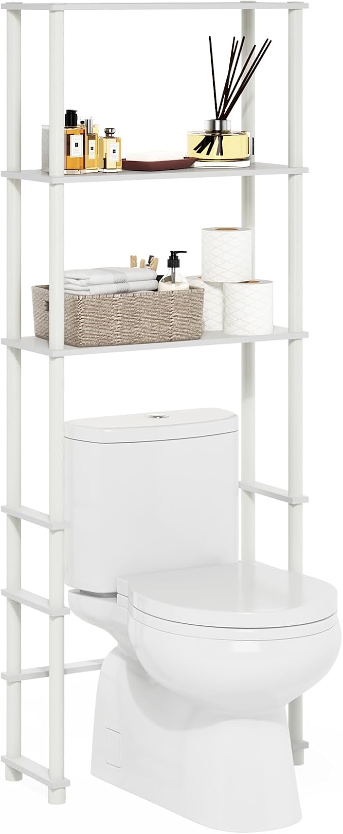 Furinno Turn-N-Tube Over The Toilet Storage, 3-Shelf Over The Toilet Organizer, Freestanding Space Saver Bathroom Shelf, for Bathroom Organizers and Storage, White