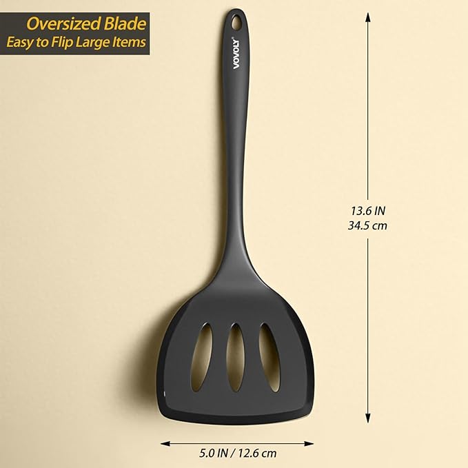 Silicone Pancake Spatula Turner with Lengthened Handle& Seamless Design, Heat Resistant Slotted Flipper for Nonstick Cookware, Large Flexible Kitchen Utensils for Egg, Pancake, Burger, Black