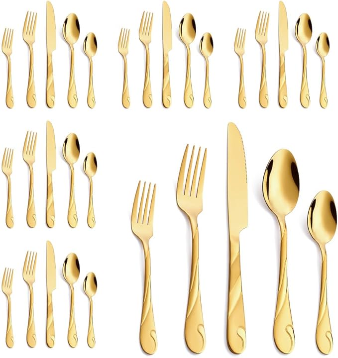 Gold Silverware Set for 6, 30-Piece Stainless Steel Flatware Set, Shiny Gold Metal Cutlery Set, Include Spoon, Fork and Knife Set, Dishwasher Safe