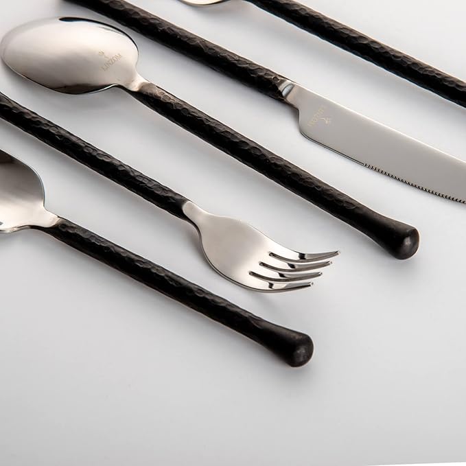 Forged 20-Piece Matte Black Silverware Set, 18/10 Stainless Steel Flatware Service for 4, Rustic Black Flatware, Spoons Forks Set Home Kitchen Restaurant Housewarming, Dishwasher Safe