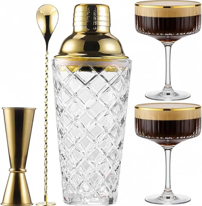 Cocktail Shaker Set with Coupe Glasses – 5-Piece Gift Set Includes Pineapple Glass Shaker with Gold Lid, Jigger, Bar Spoon & 2 Ribbed Gold-Rimmed Glasses – Bartender Kit for Home Bar