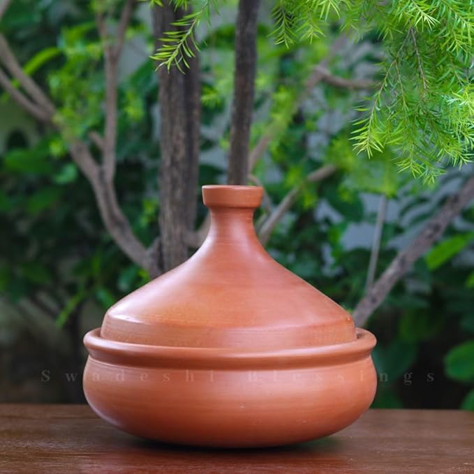 Swadeshi Blessings Unglazed Clay Tajine Pot for Cooking with Lid/LEAD-FREE Earthen Tajine/Clay Tagine Cookware for baking +FREE ASH For Cleaning