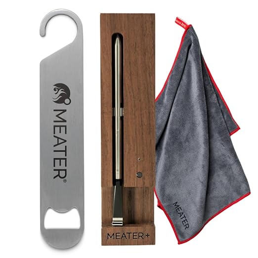 MEATER Plus Bundle: Smart Digital Wireless Meat Thermometer with Microfiber Kitchen Towel & Bar Blade Opener | Grilling, Smoking, Roasting, Baking, & BBQ | Limited Edition Brown Sugar Color