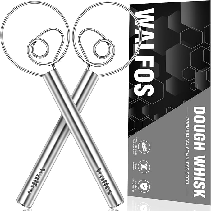 Walfos Danish Dough Whisks, Rustproof Stainless Steel Bread Whisk, Quick Mixing Bread Mixer, Dutch Dough Whisk for Cooking, Blending, Whisking, Stirring, Sourdough, Pizza, Pastry, Cake Batter（2pcs)