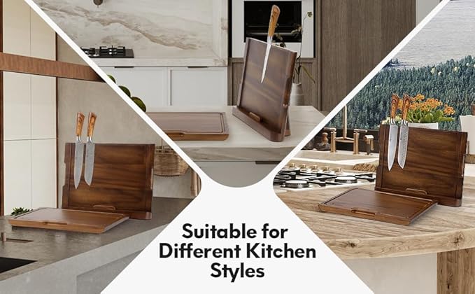 2 - in - 1 Magnetic Knife Block Holder with 16"x11" Cutting Board, Crafted from Premium Natural Rain Wood, Exquisitely Made with Elegant Design, Ideal for Efficient Kitchen Knife Storage