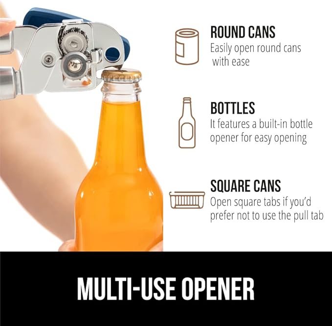 GORILLA GRIP Heavy Duty Stainless Steel Smooth Edge Manual Can Opener and Bottle Openers, Soft Comfortable Handle, Oversized Handheld Turn Knob, US Designed Multifunctional Kitchen Tool, Blue