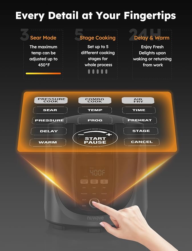 Nuwave Duet Air Fryer, Electric Pressure Cooker & Grill Combo, 540 IN 1 Multicooker with 3 Removable Lids, Slow Cook, Sautés, Dehydrator, 18/10 SS Pot, Sure-Lock Safety Tech & 13 Deluxe Accessories