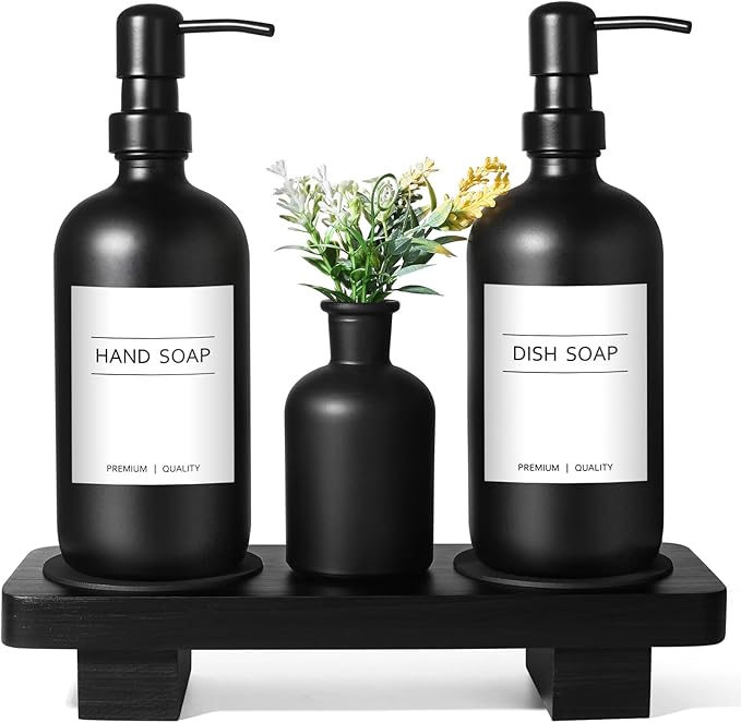 Dish Soap Dispenser for Kitchen, Black Hand Soap Dispenser with Stainless Steel Pump, Kitchen Soap Dispenser Set with Wood Riser Tray, Matte Black Bathroom Soap Dispenser Set Bathroom Decor