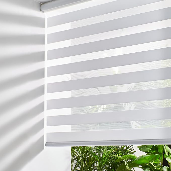 Persilux Cordless Zebra Blinds for Indoor Windows, Free-Stop Zebra Blinds Cordless, Light Filtering Sheer Shades Dual Layer for Day and Night, Zebra Roller Shades for Home (22.5" W X 64" H, White)