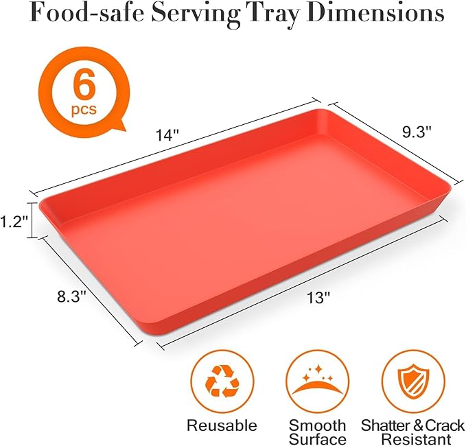 WOWBOX 6 pcs Serving Tray for Entertaining, Serving Platters for Snacks, Fruit, Cookies, Dessert, Reusable Plastic Trays for Serving Food and Pantry Organization in Kitchen & for Parties, (Red)