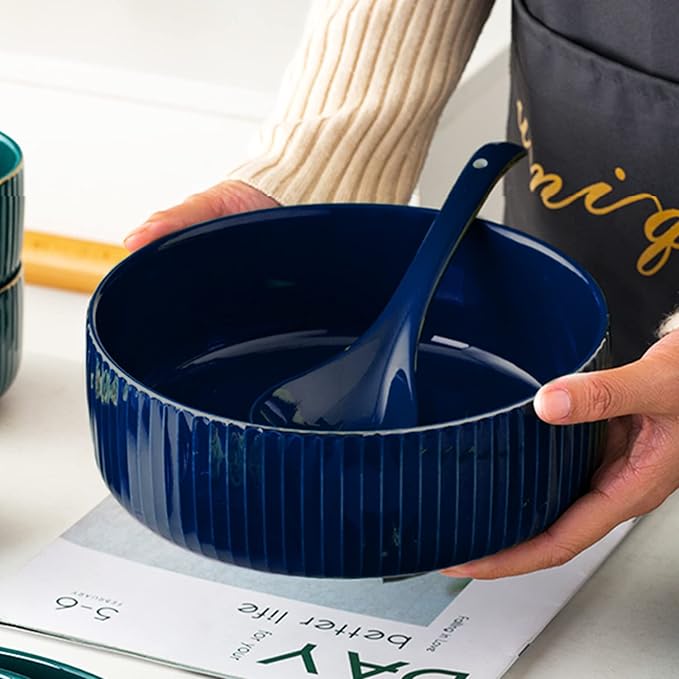 Extra Large Salad Bowl, 2800ml Ceramic Fruit Bowl, Stylish Navy Blue Round Vertical Stripe Soup Bowl, Serving Bowl for Salad, Fruit, Noodle, Soup(23.5x8.8cm, 95oz)
