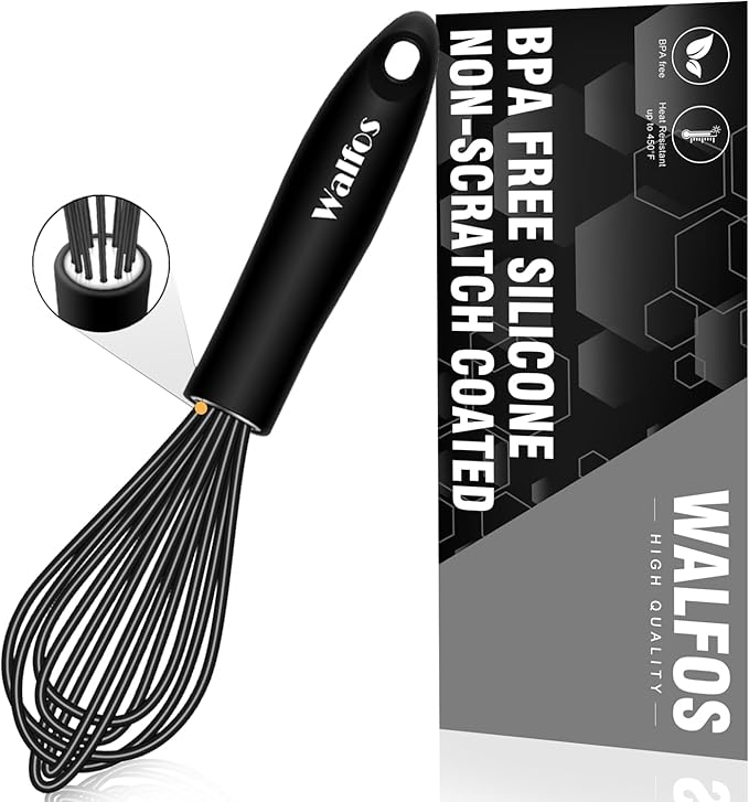 Walfos Silicone Whisk, Stainless Steel Wire Whisk - Heat Resistant Kitchen Whisks for Non-stick Cookware, Balloon Egg Beater Perfect for Blending, Whisking, Beating, Frothing & Stirring, 8.5", Black