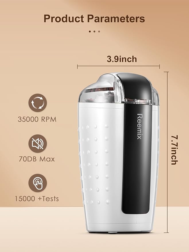 Coffee Grinder, Electric Coffee Grinder with 3.5Oz Large capacity, One-Touch Coffee and Spice Grinder with Stainless Blade, Cleaner Brush And Spoon for Home Use (White)