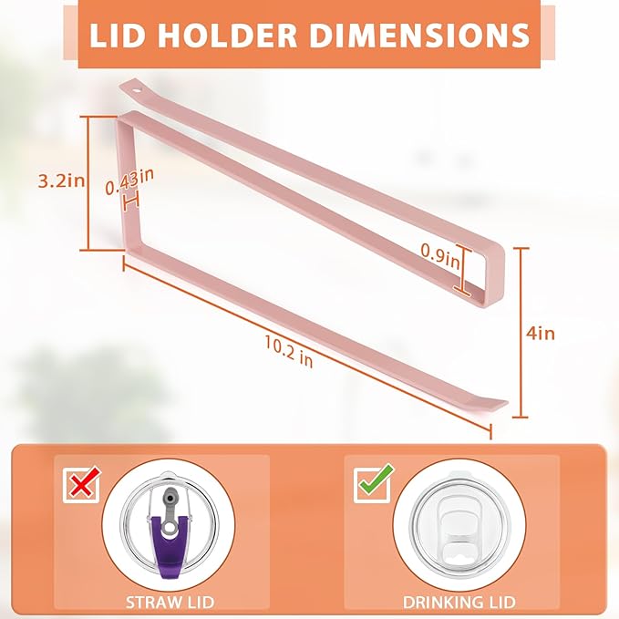 Tumbler Lid Organizer, Horizontal Tumbler Lid Storage Hook Up to 10 Lids, Space Saving Cup Lid Holders Under Cabinet Tumbler Lid Hook for Kitchen Organizer and Storage, Paper Towel Rack Hanger (Pink)