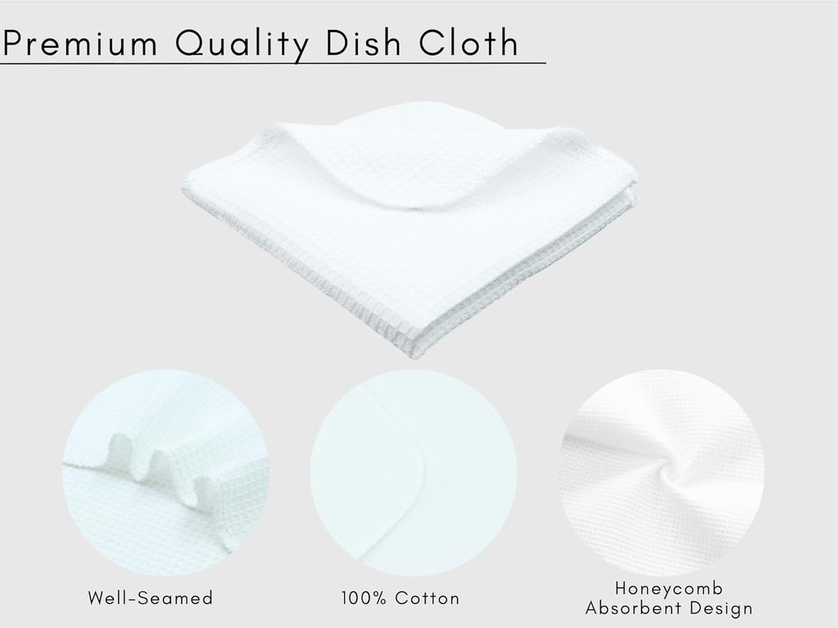 PurpleEssences Dish Cloths and Dish Rags - 8 Pack Waffle Weave Solid Kitchen Dish Wash Cloths, 100% Cotton, 12 x 12 Inches, Ultra Soft Absorbent Quick Drying - Spring Summer - White